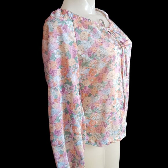 Vintage Women's Peasant Top Medium 1970's True Boho Sheer Floral Blouse Keyhole - Picture 5 of 8